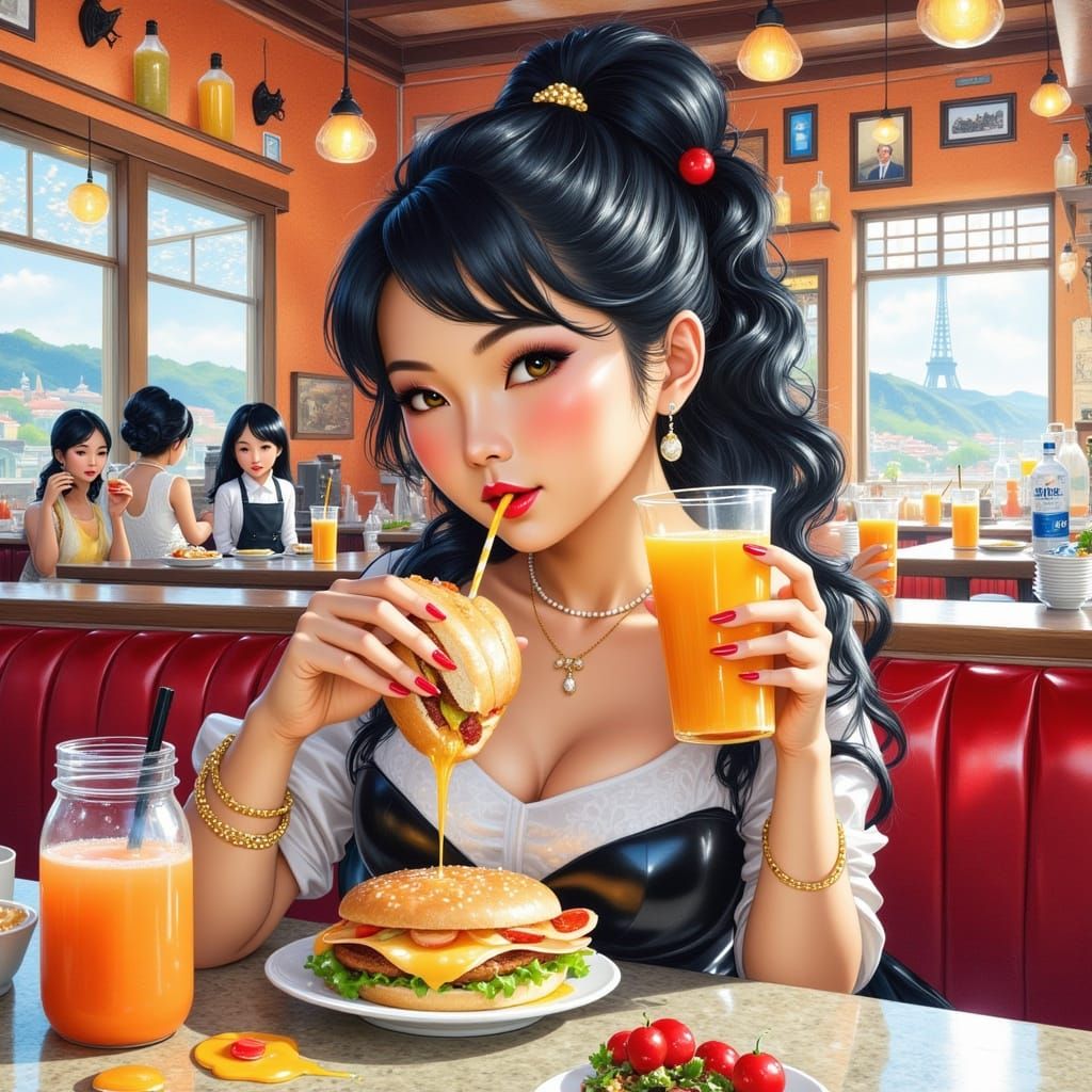 Boho Asian Woman in Nostalgic Diner, Watercolor Style