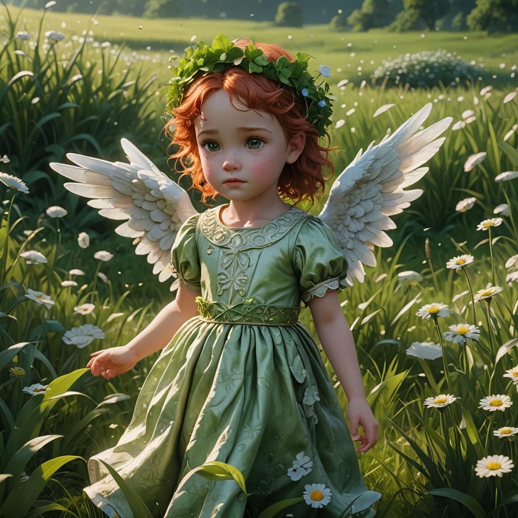 Angelic Redhead in Lush Green Field: Fantasy Art