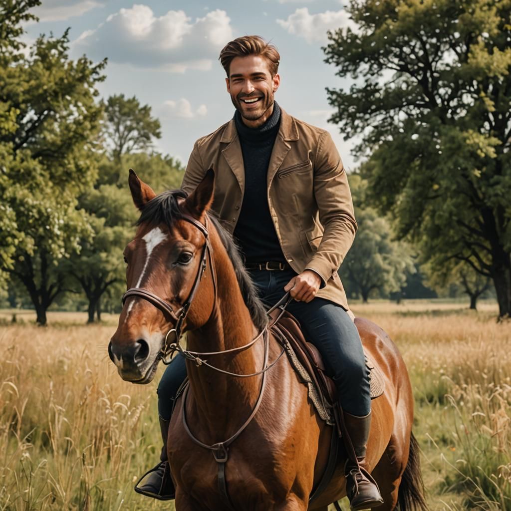 Handsome Man Riding Horse in Sunny Field