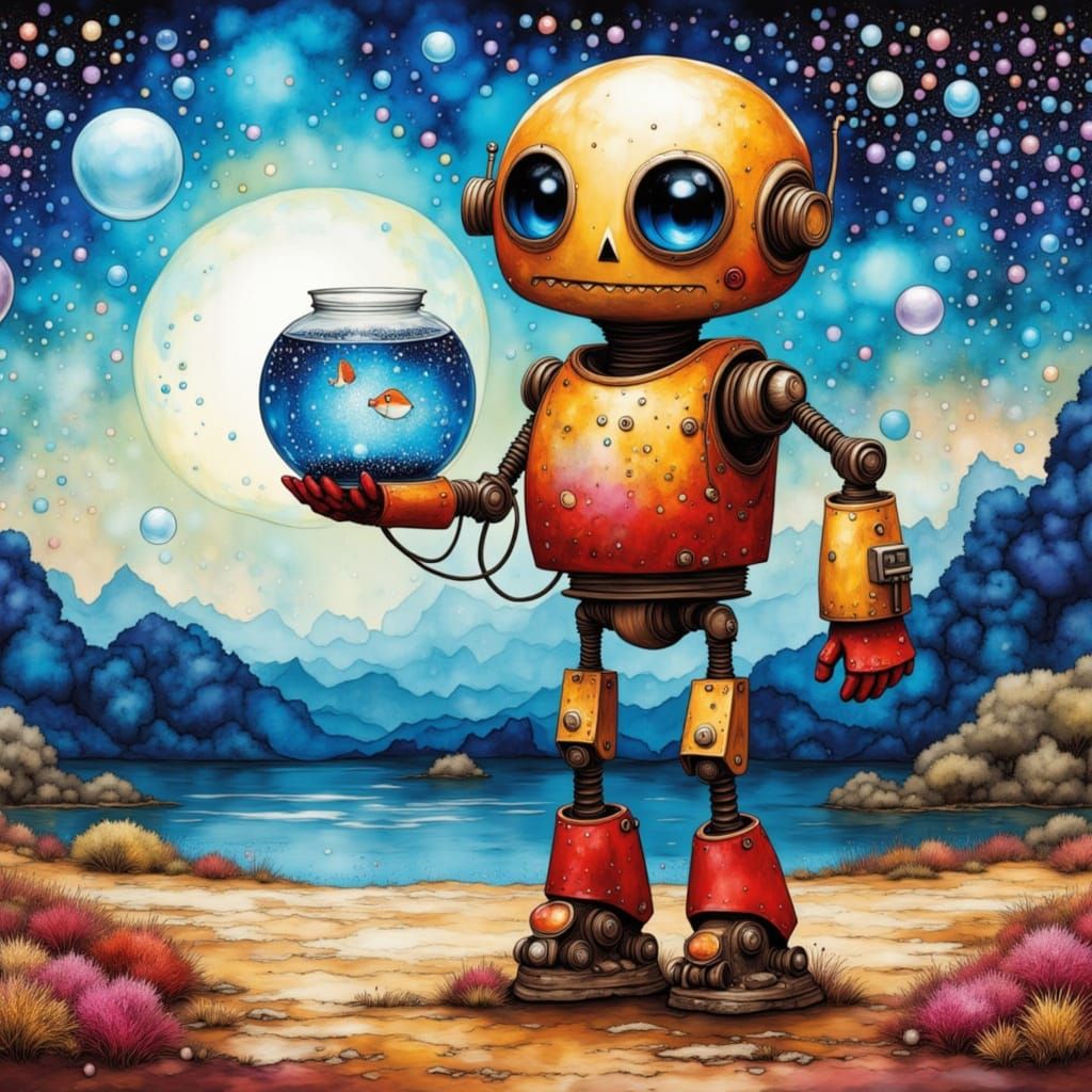 Cute Robot Holding a Fishbowl