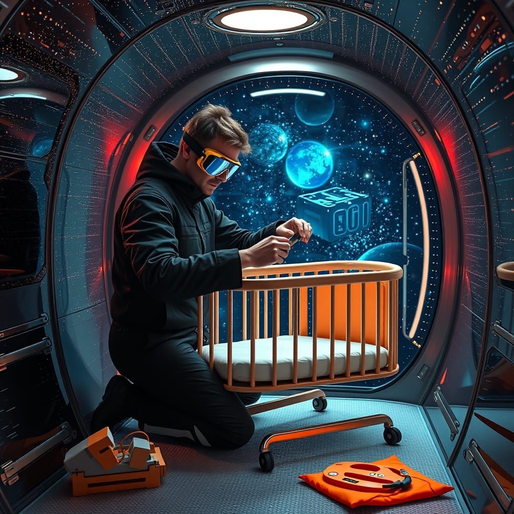 DIY Enthusiast Assembling Crib in Space Pod