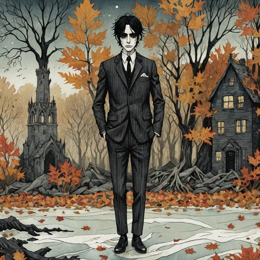 Gaunt Figure in Autumnal Leaves: Gothic Illustration