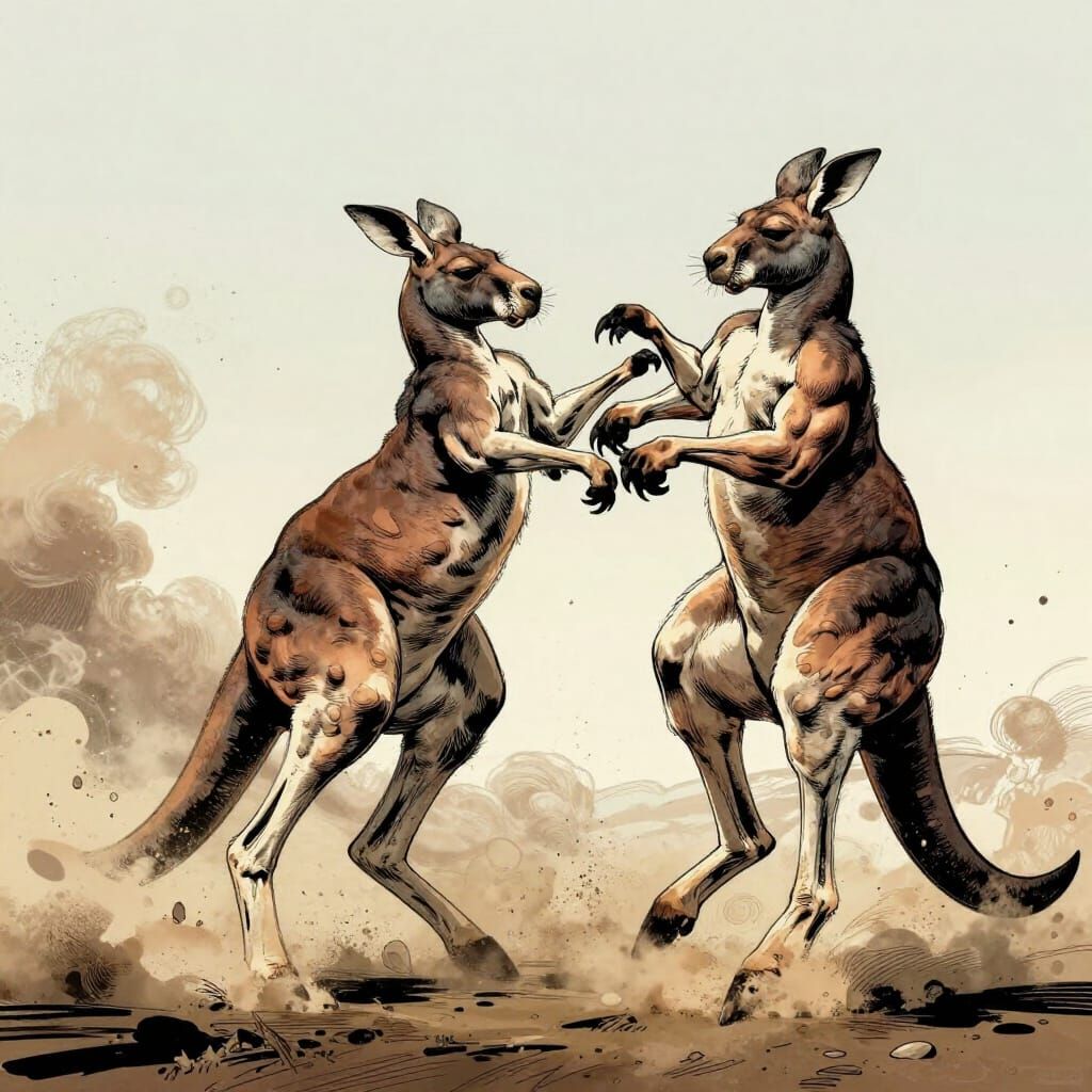 Muscular Kangaroos Fighting in Dynamic Comic Style