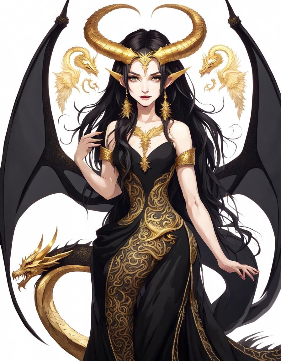 Dragon Woman in Black Dress with Golden Decor