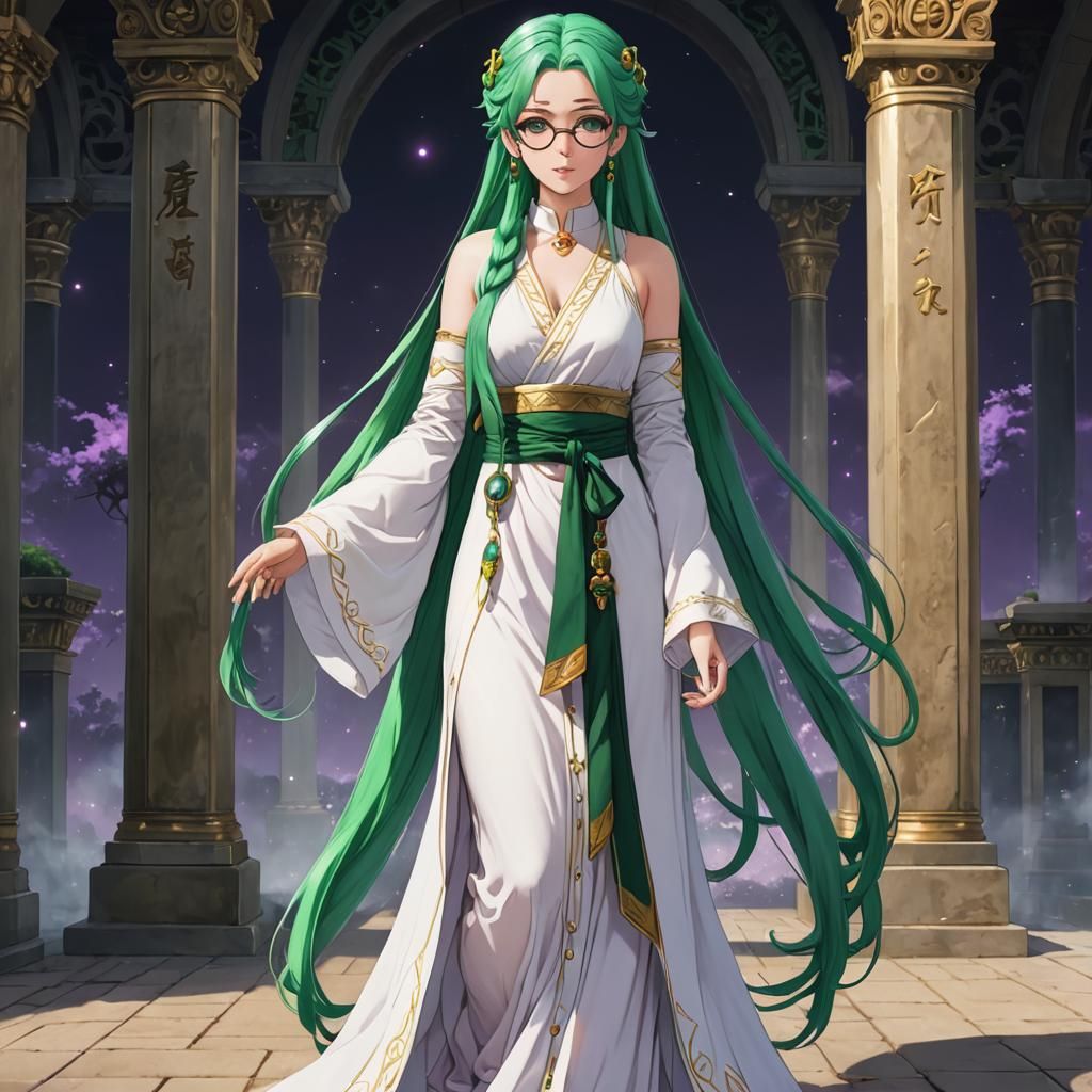 Anime Priestess with Green Hair and Purple Eyes