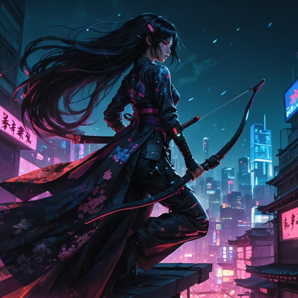 Cyberpunk Street Samurai with Glowing Bow on Rooftop