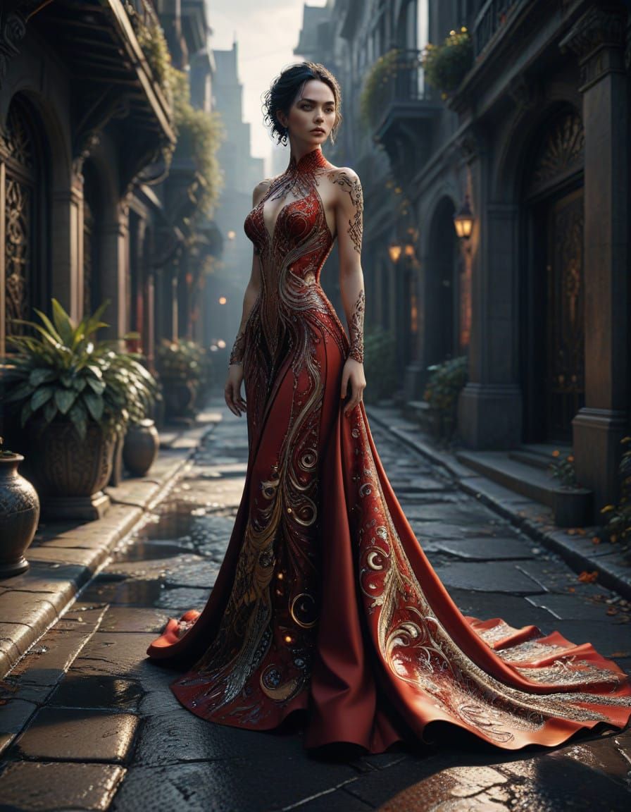 Ethereal Gothic Goddess in Red and Gold