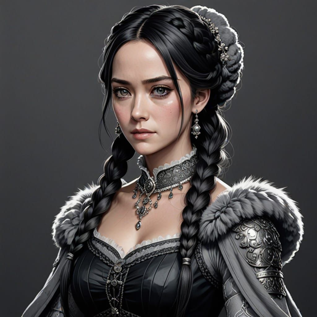 Anime Queen Tudor in Elegant Black and Grey Dress