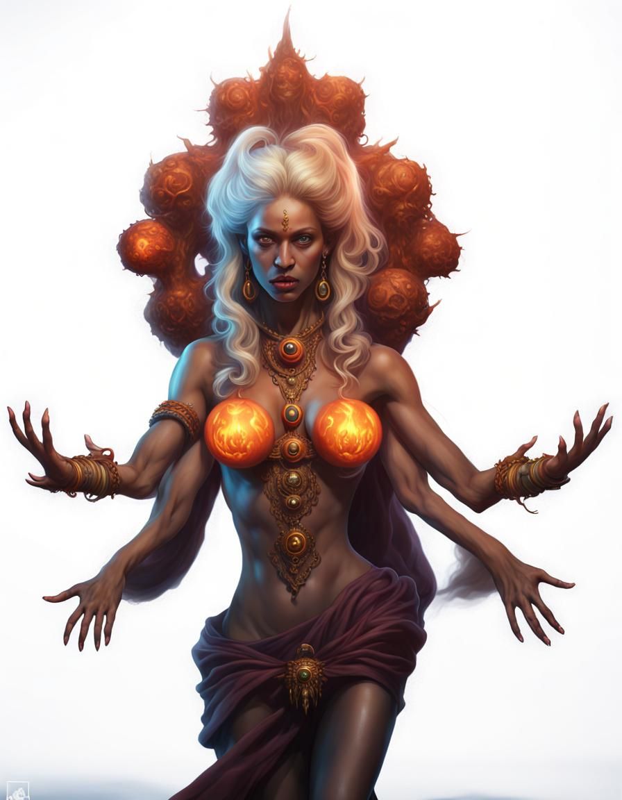 Four-Armed Blonde Witch Conjuring Spell in Matte Painting