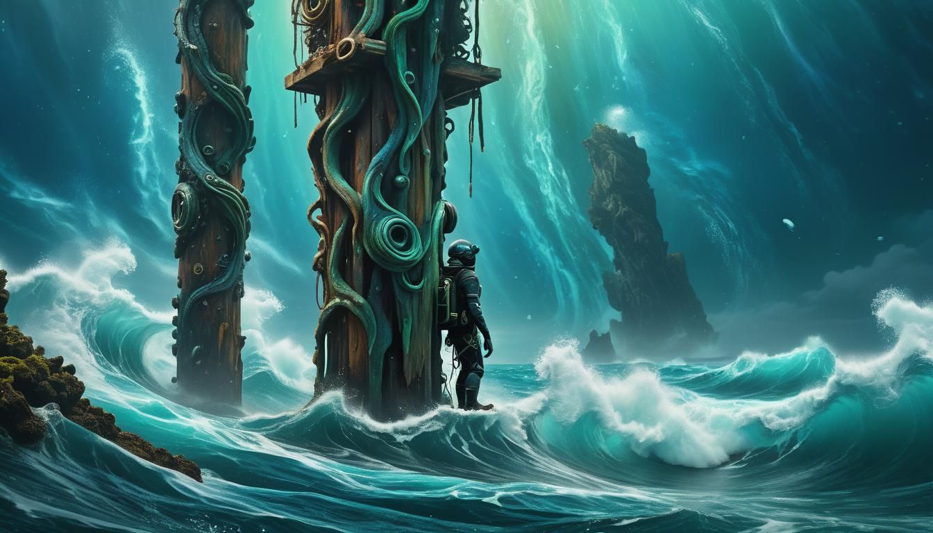 Diver Clinging to Totem in Turbulent Ocean, Digital Art