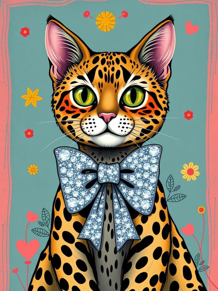 Leopard Cat with Sparkly Bow, Illustrative Style