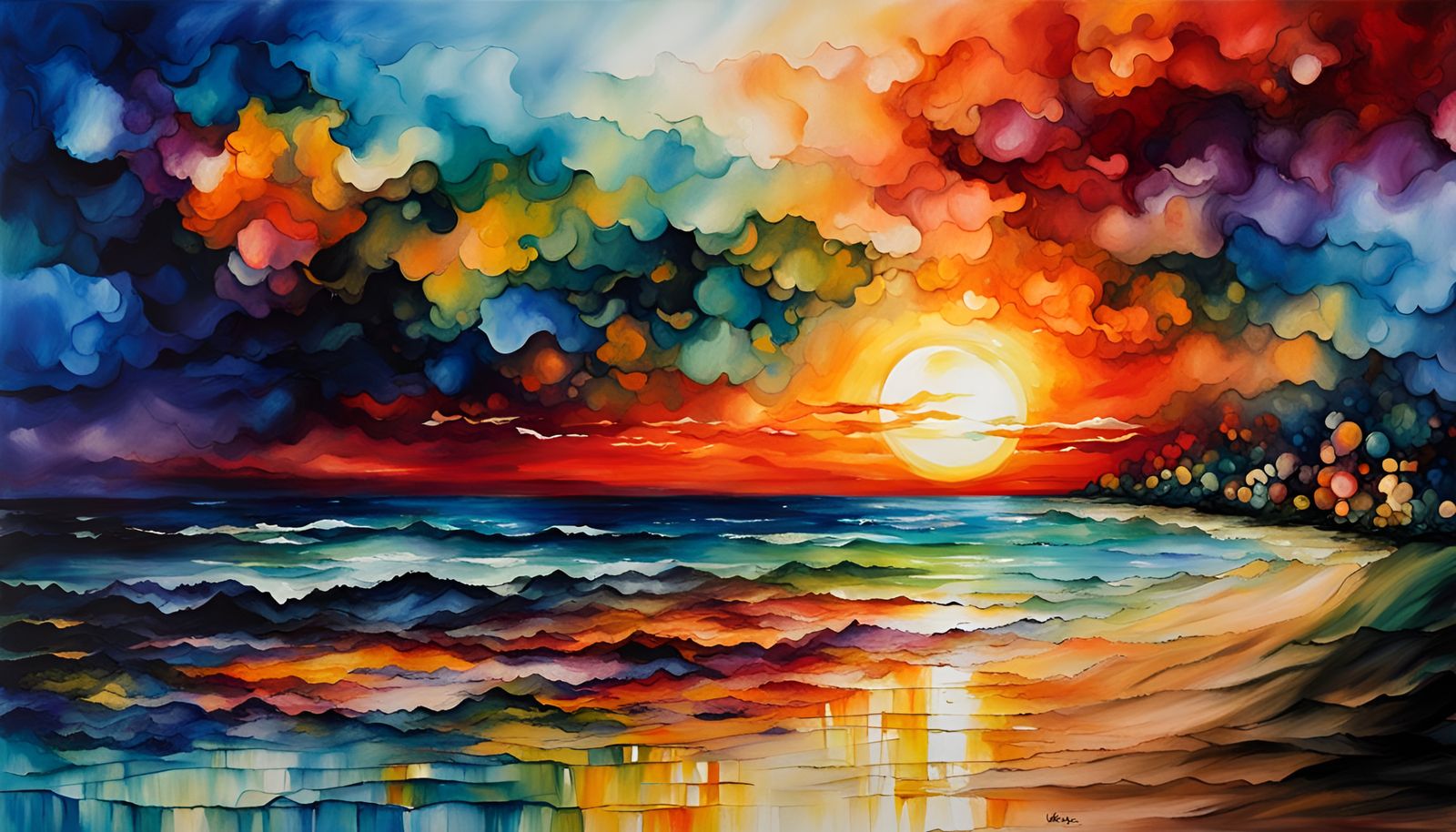 Alcohol ink, wide screen, dramatic, Beautiful sunset over th...