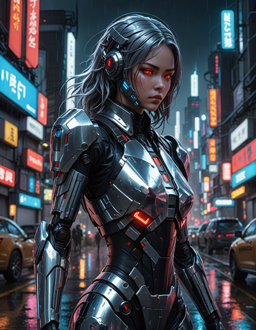 Cyberpunk Android Heroine Jocasta in Futuristic City