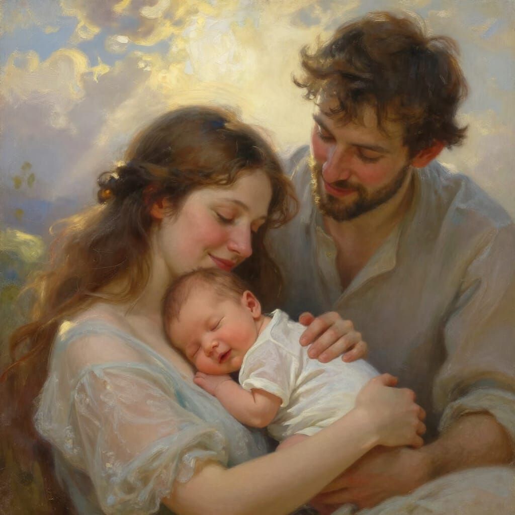Newborn Baby Cherished by Parents in Divine Light