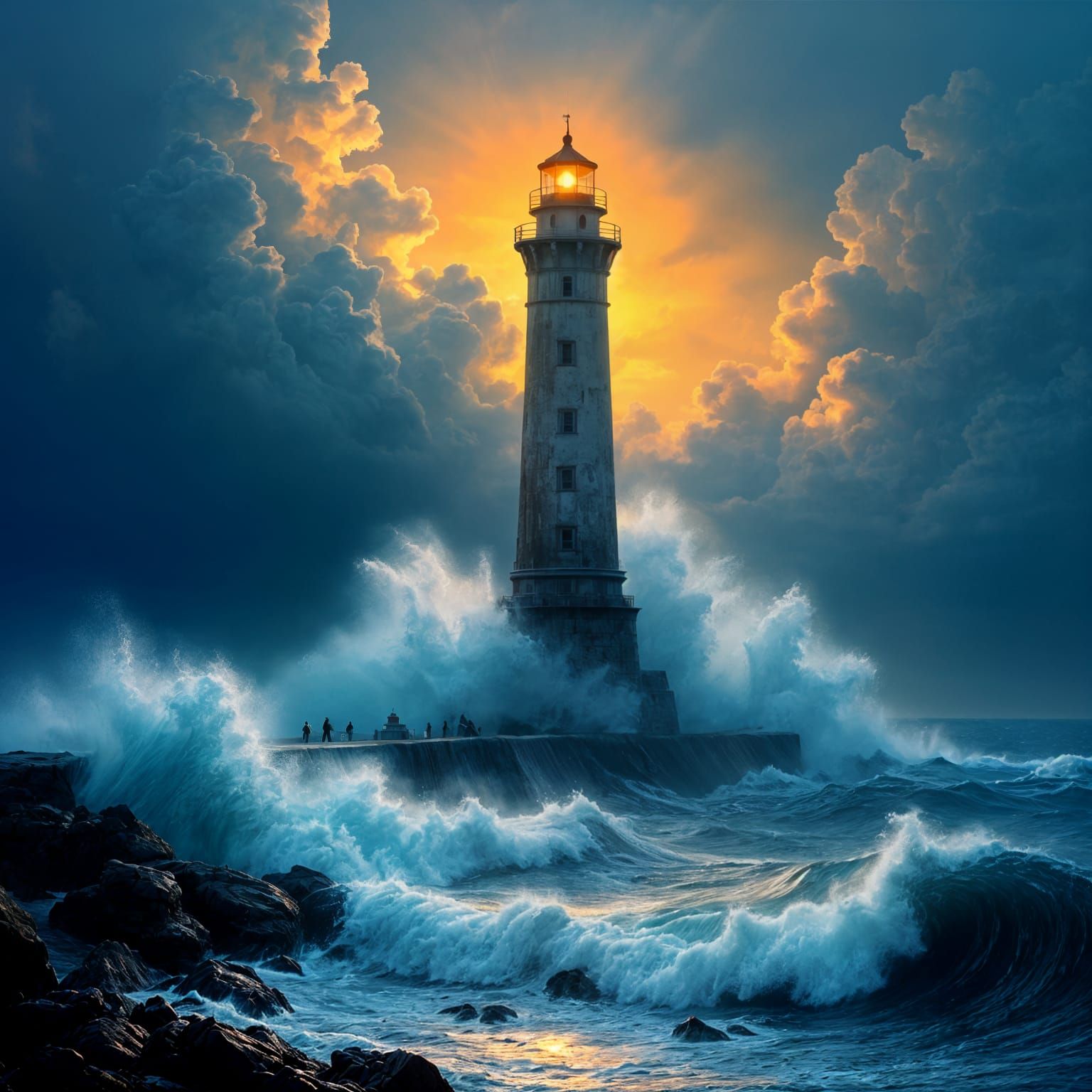 Lighthouse in Stormy Seas with Orange Beam