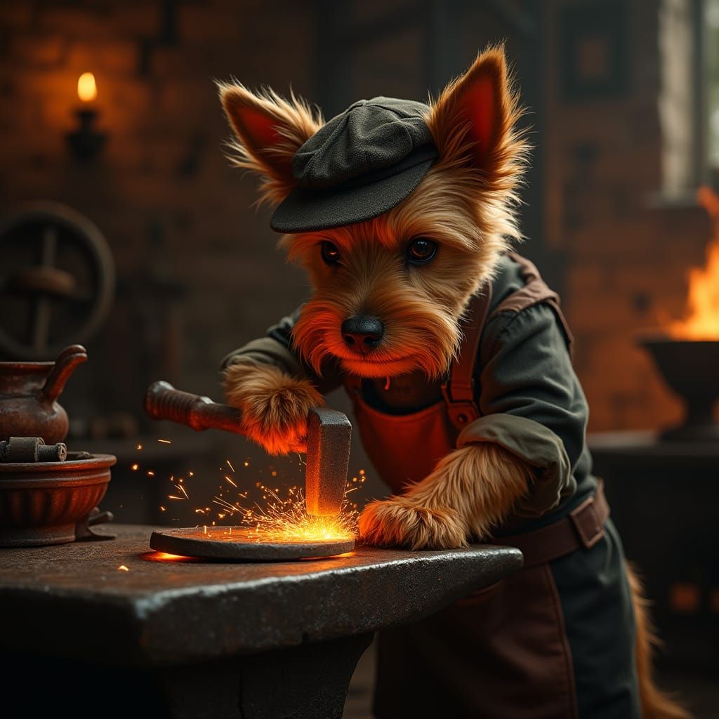 Yorkie Blacksmith Forging Horseshoe in Dim Forge