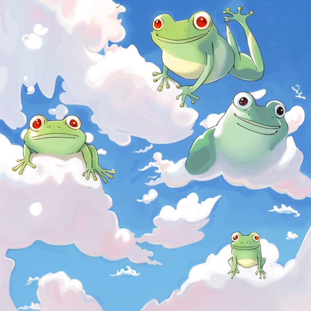 Frogs on Clouds in Anime Style