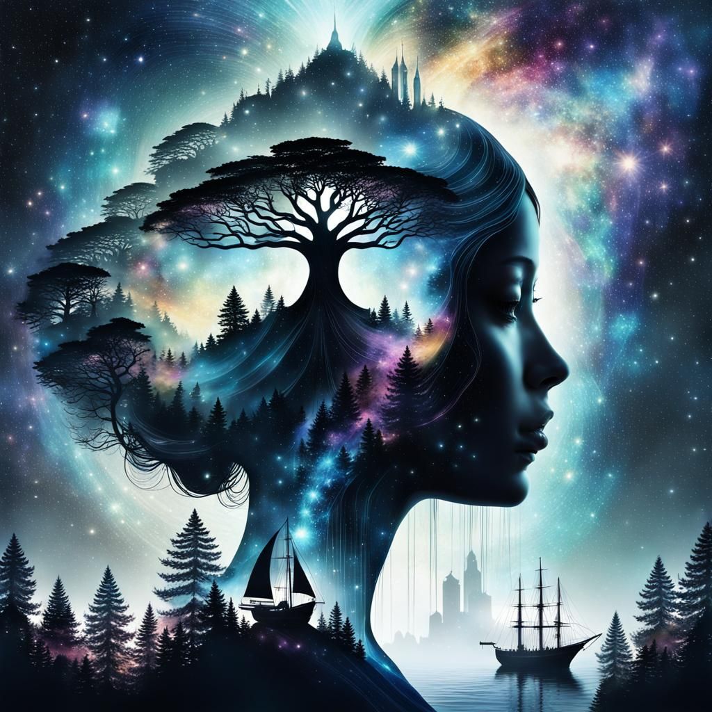 Surreal Double Exposure: Galactic Girl in Earthly Realm