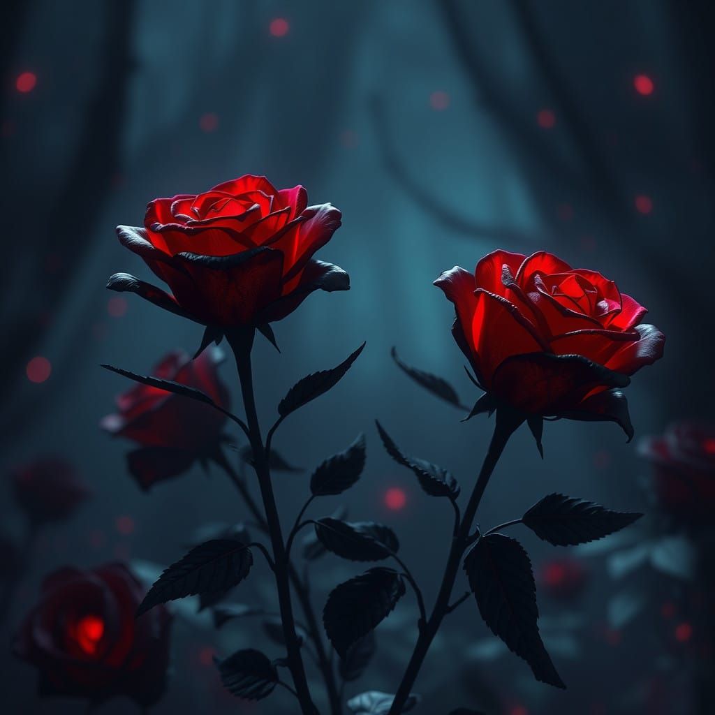 Glowing Red Black Roses in Dark Fantasy Landscape