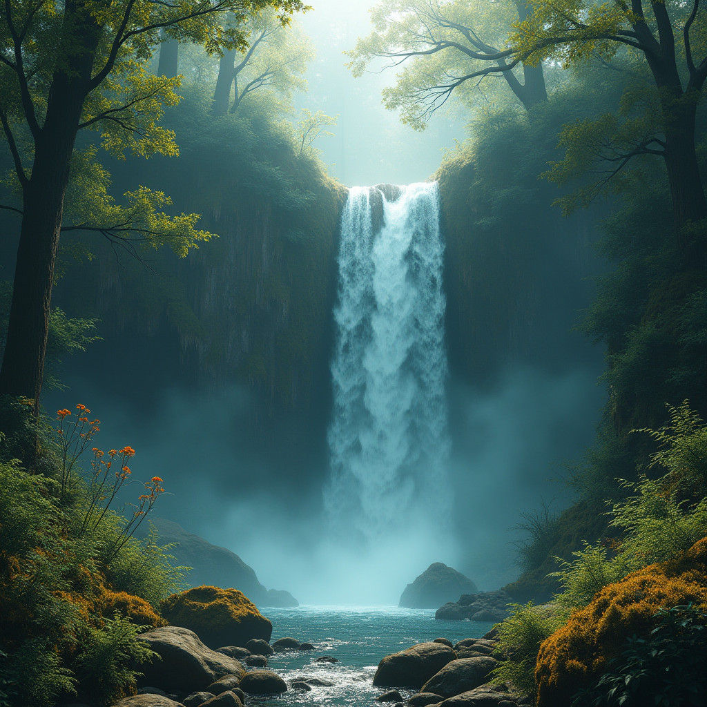 Ethereal Waterfall Scene in a Lush Forest