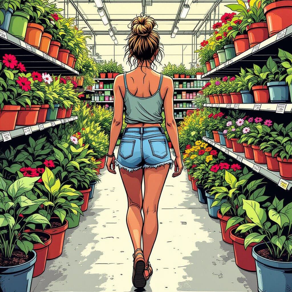 Woman Overloaded with Plants in Comic Book Style