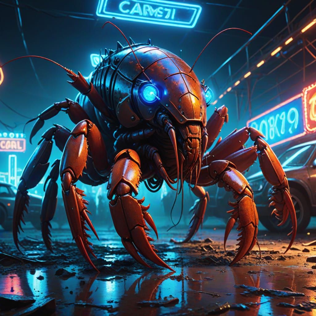 Cybernetic Crawfish in Desolate Circus: Dark Fantasy Art
