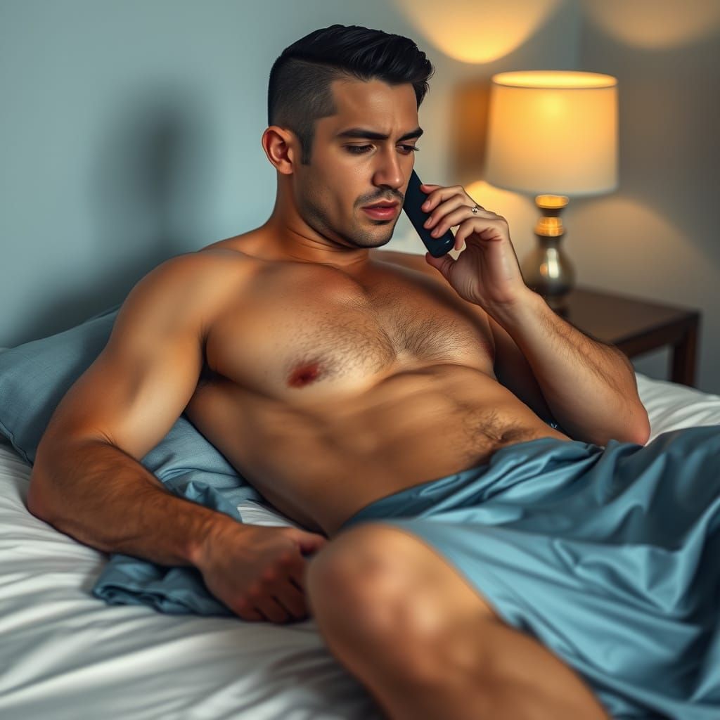 Sensual Man in Blue Silk Sheet, Professional Photography