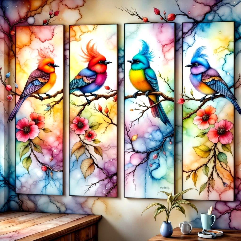 Four Panoramic Scenes of Vibrant Birds in a Blooming Garden