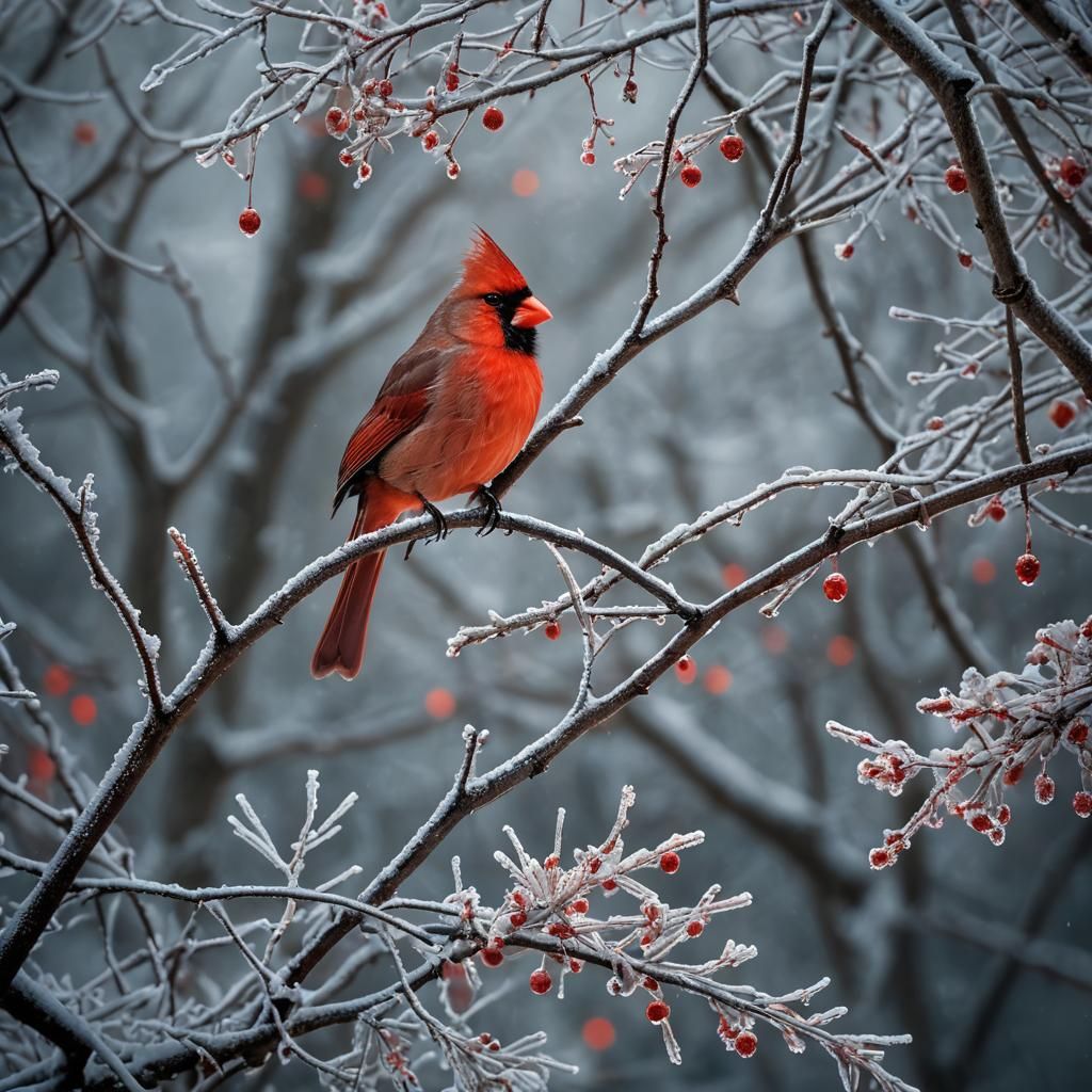 Male Northern Cardinal on a frozen tree branch