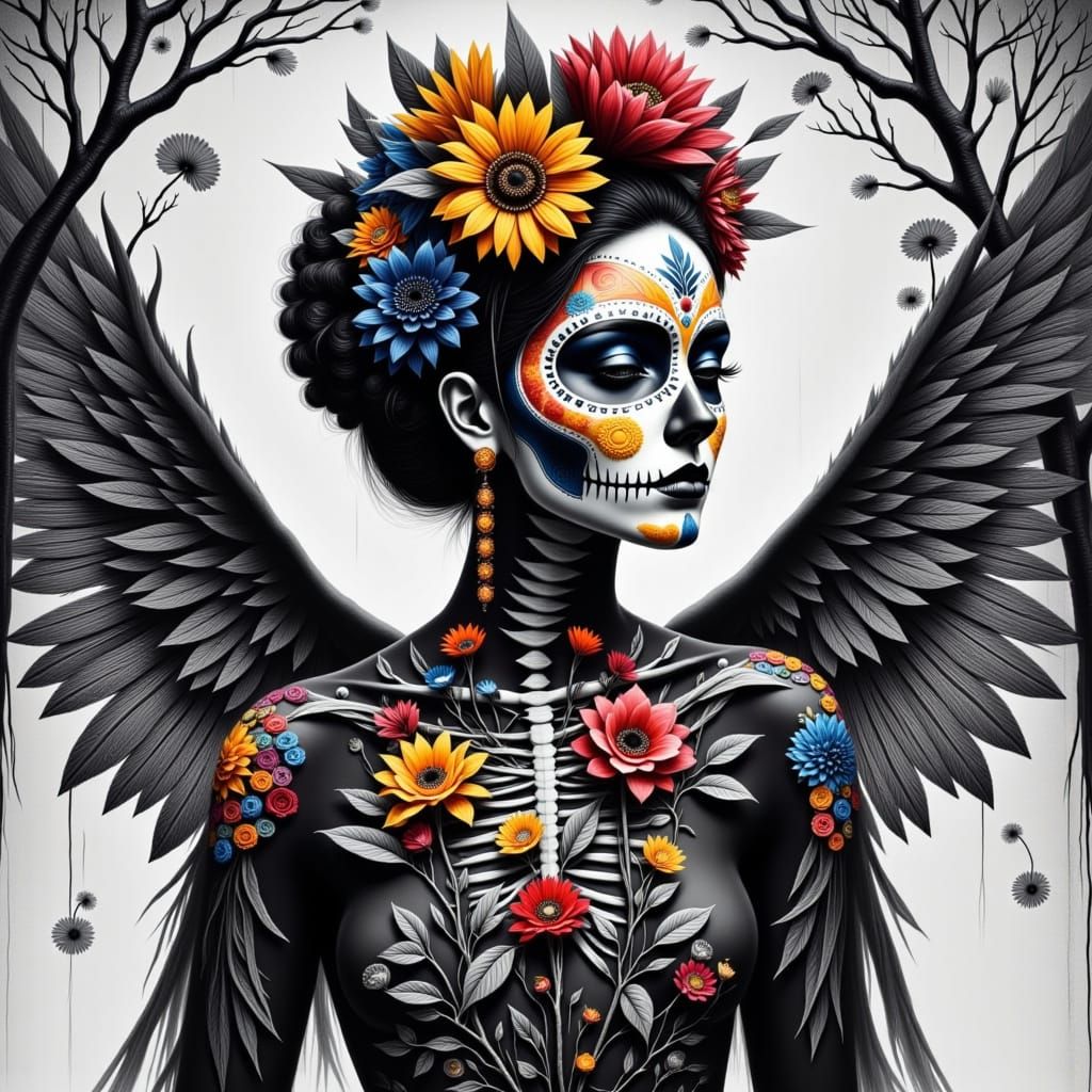 Latina Woman with Dia de los Muertos Face Paint and Roses