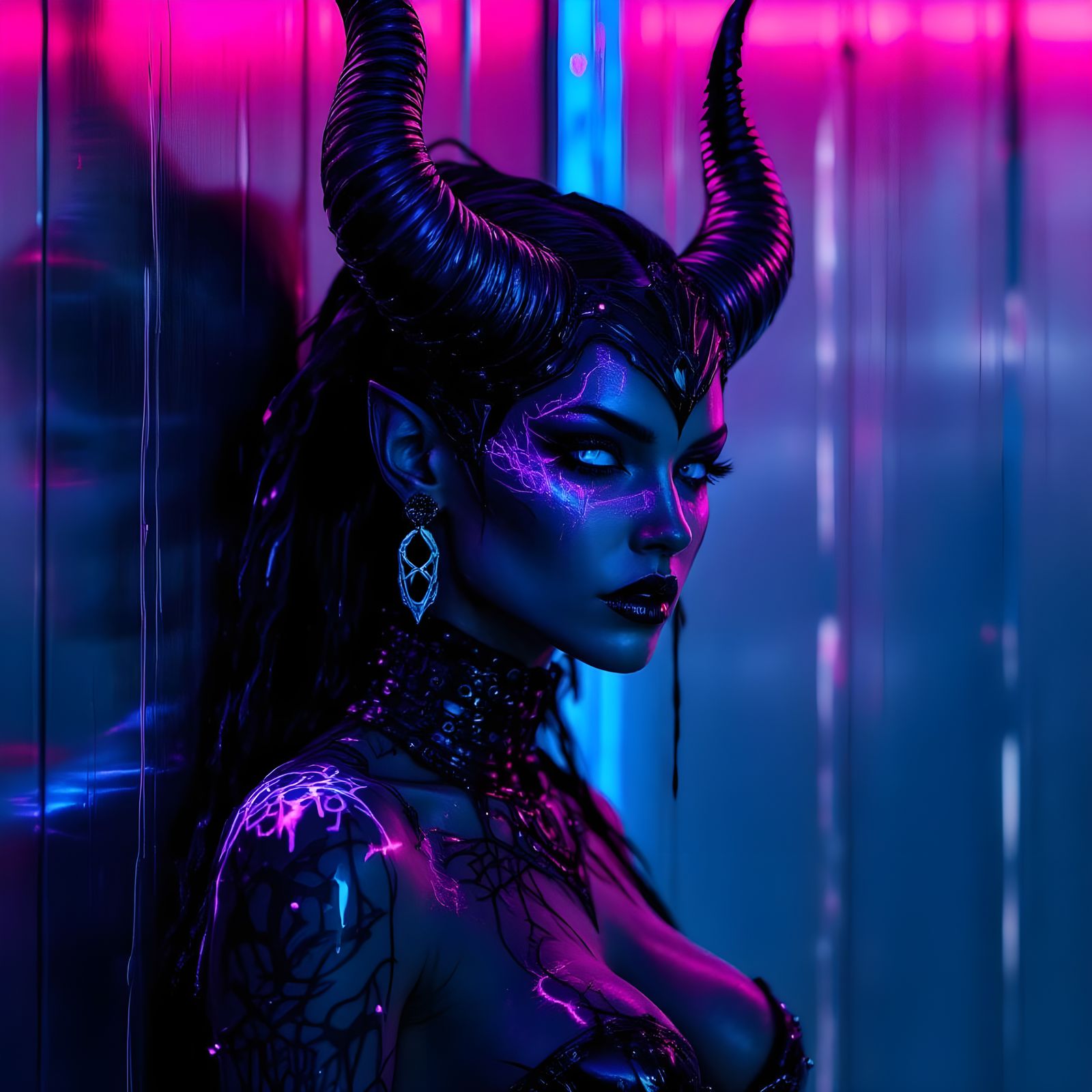 Chrome Queen Portrait with Runic Tattoos