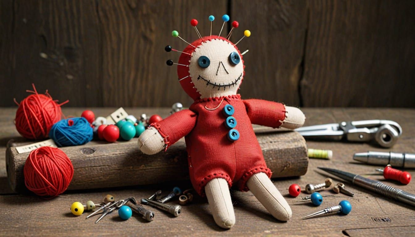 Voodoo Doll Pincushion on Wooden Workbench