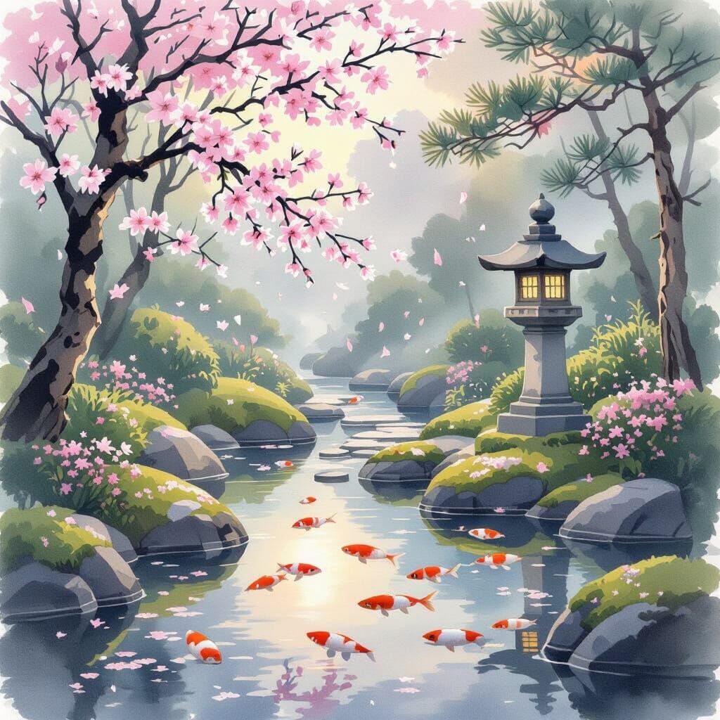 Serene Japanese Garden at Dawn with Falling Blossoms