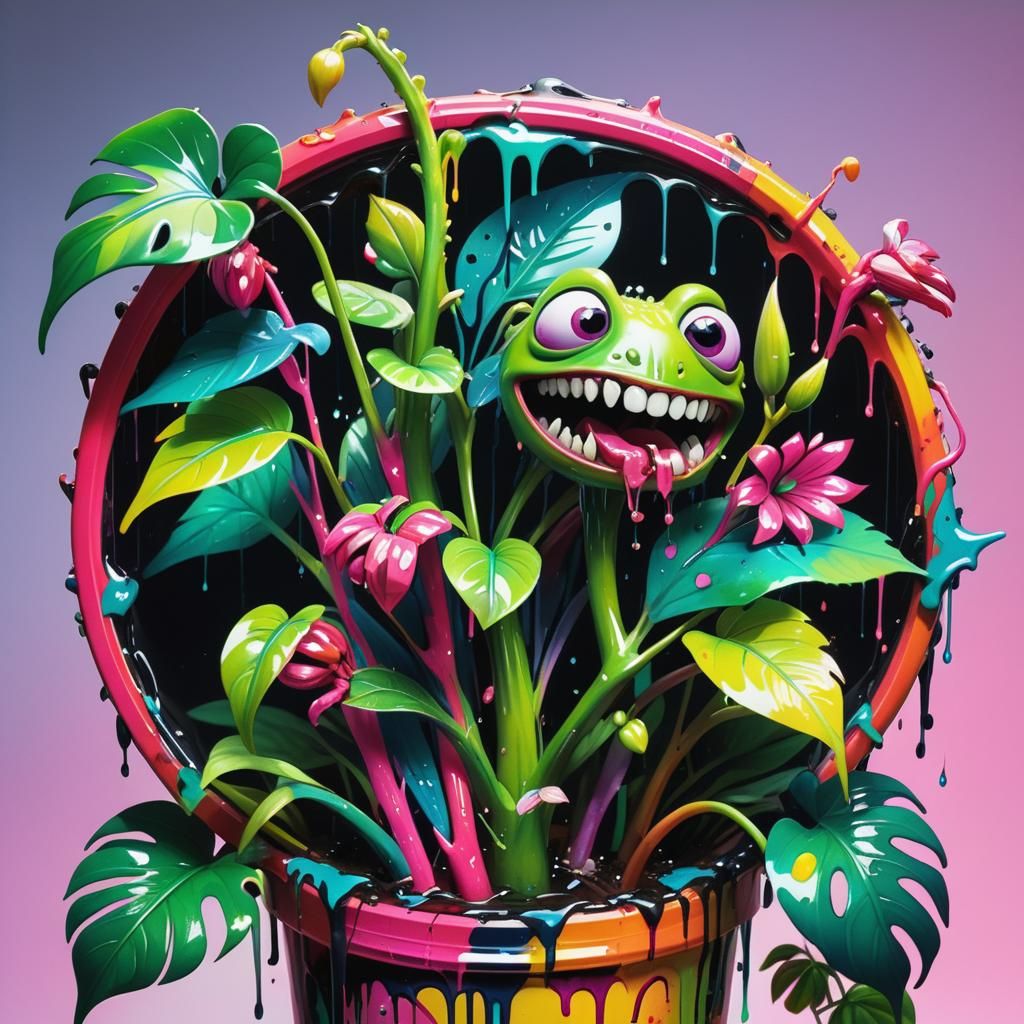 Cannibal Plant Devouring Prey in Technicolor Jungle