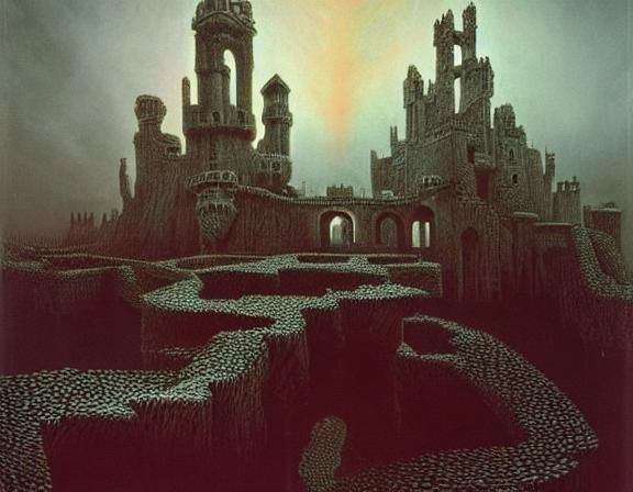 Surreal Castle with Drawbridges and Moats