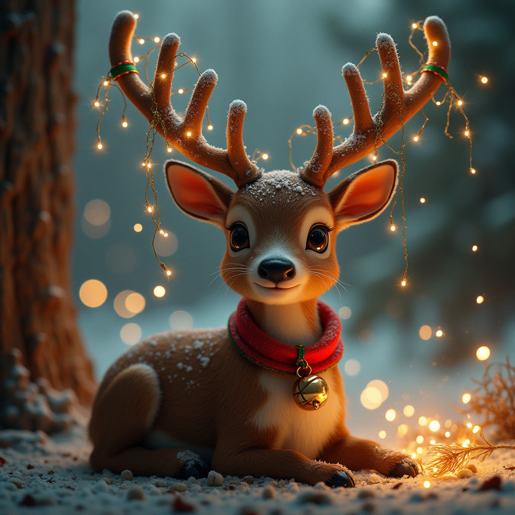 Festive Reindeer Portrait with Christmas Lights