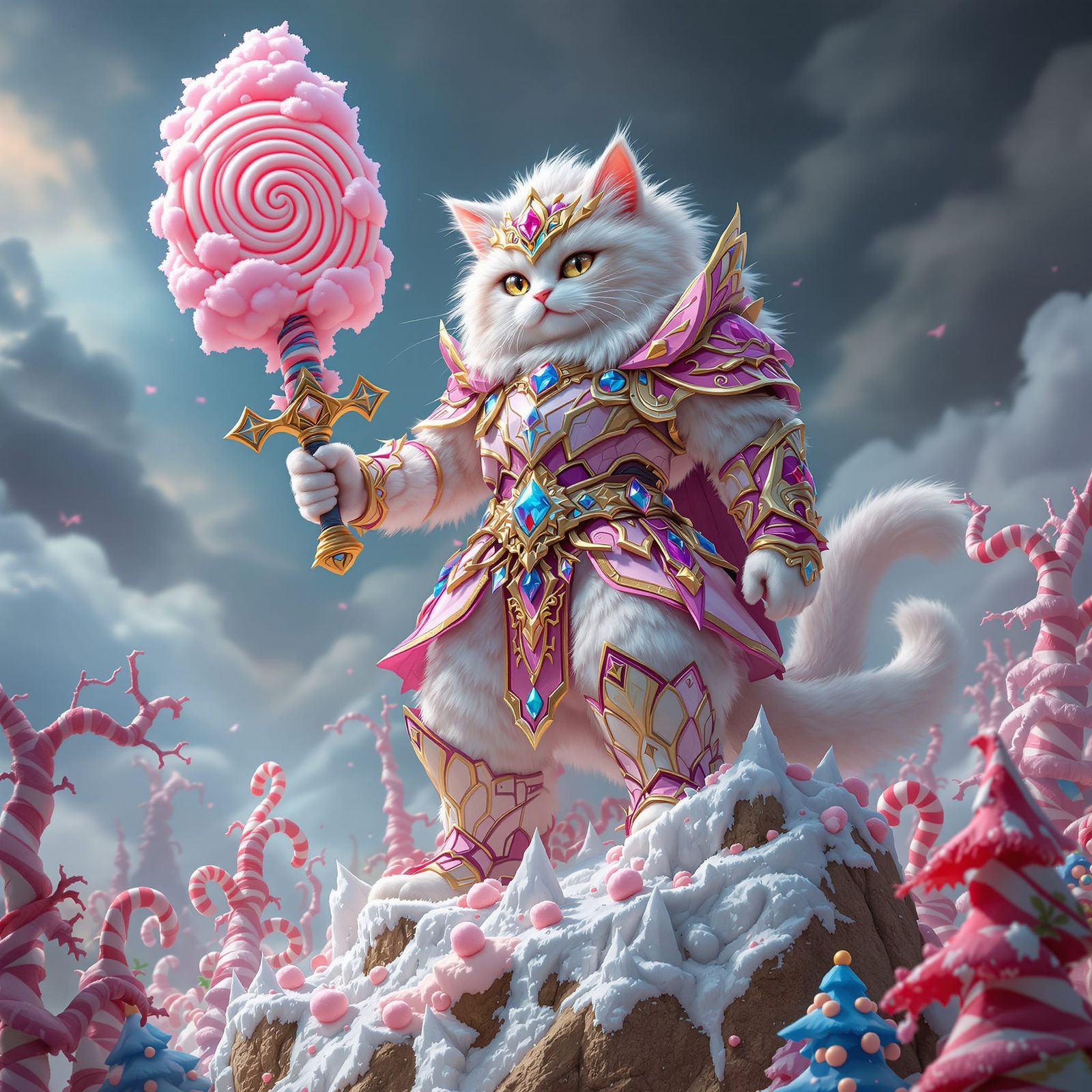 Fluffy Cat Warrior in Sugar Armor with Lollipop Sword