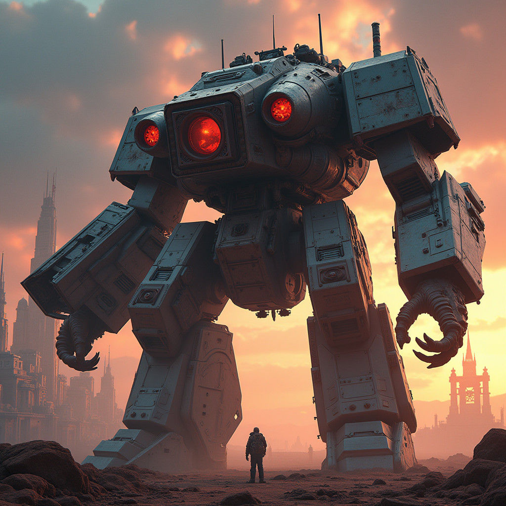 Colossal Sci-Fi War Machine in Futuristic Cityscape