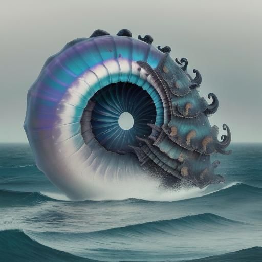 Colossal Seashell on Misty Beach in Surrealist Style