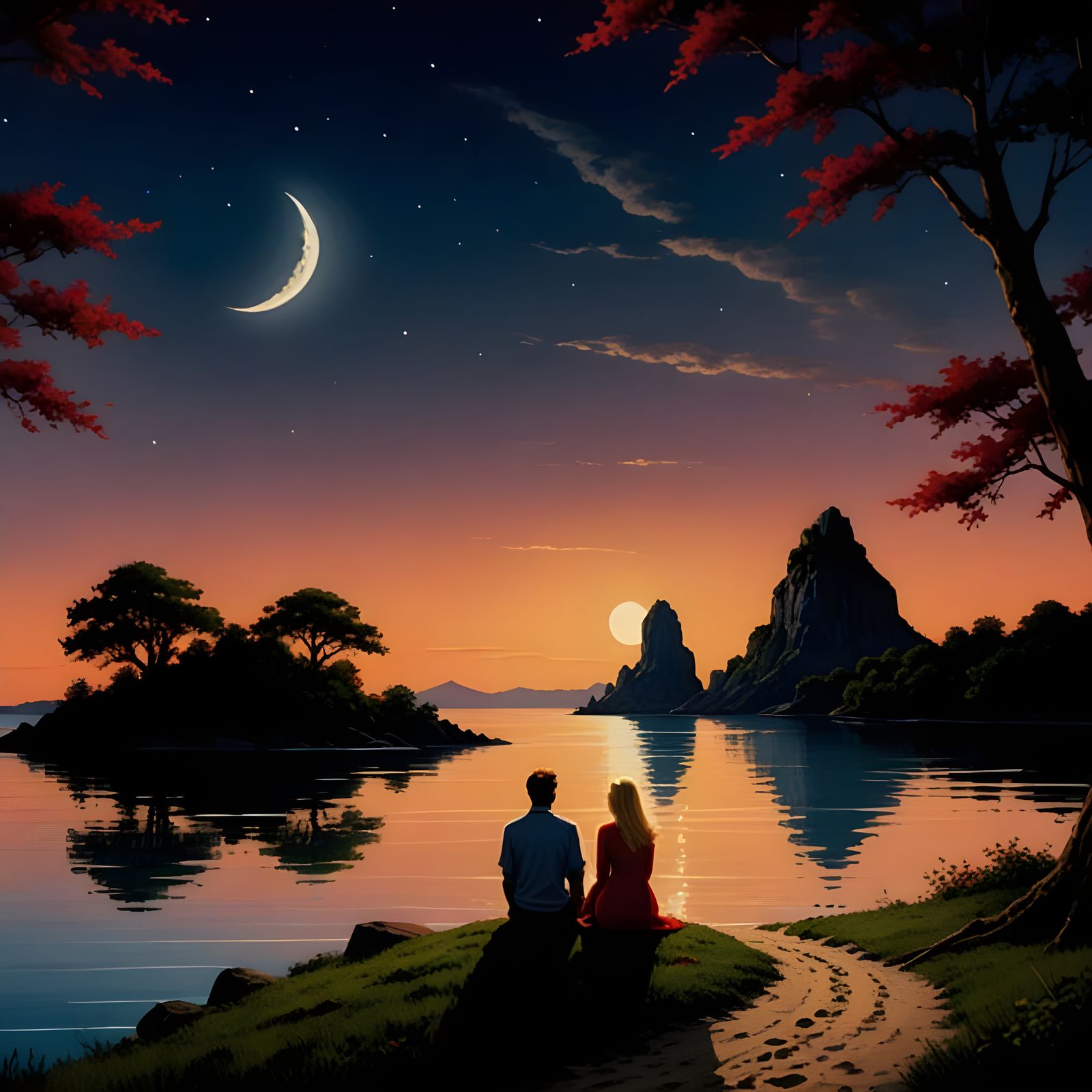 They watch the moon and the sun on the beach