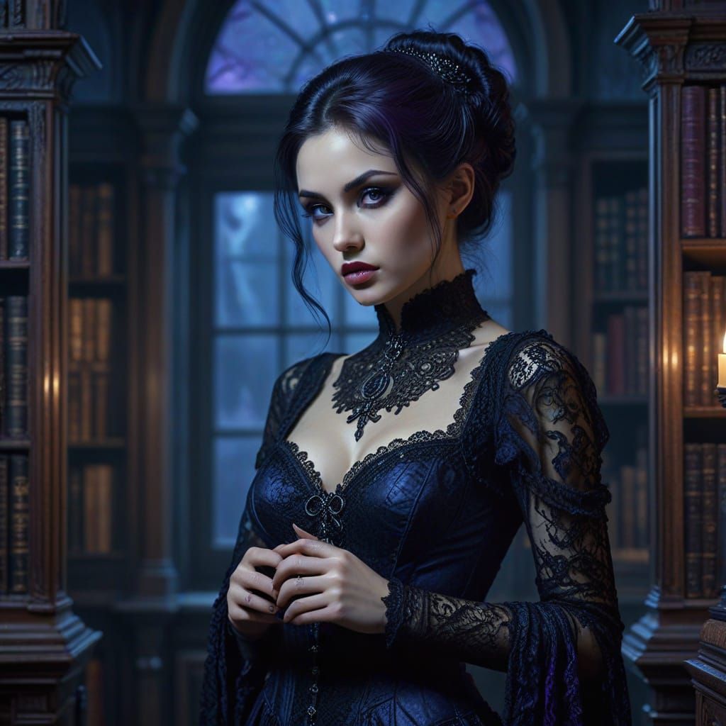 Gothic Seductress in Library: Dark Romanticism Portrait