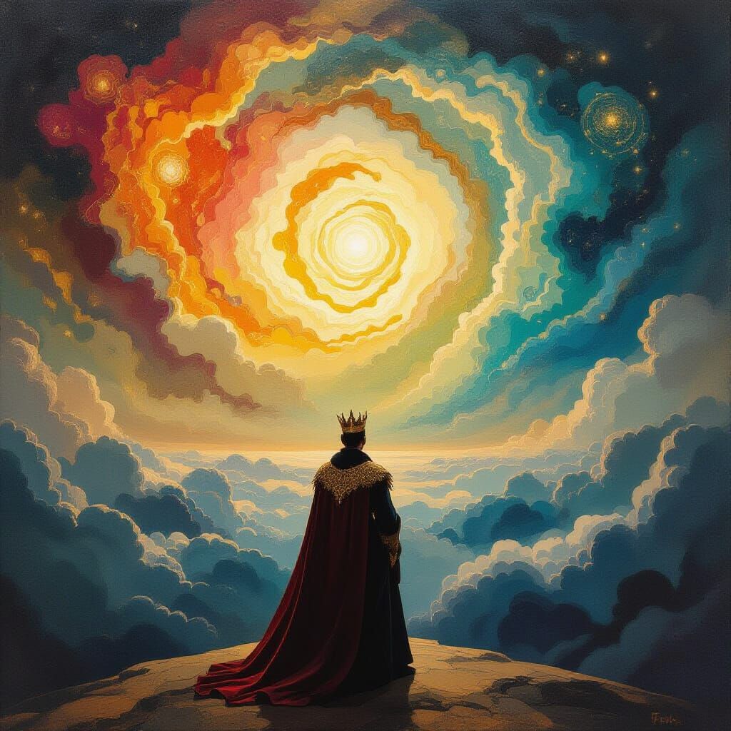 King in Cosmic Landscape in Miró and Hals Style