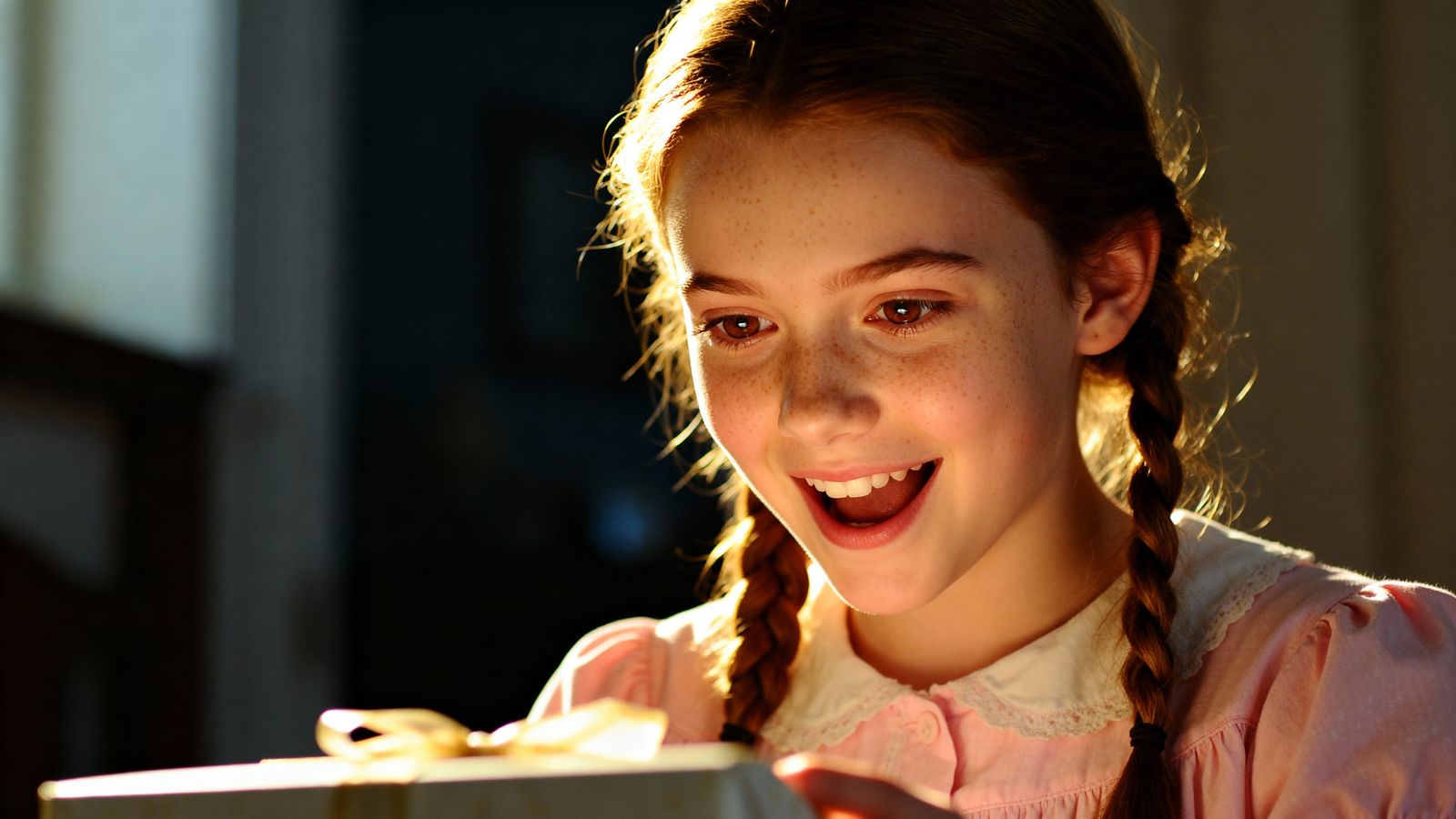 Excited Mary Opens Gift Box in Golden Hour Light