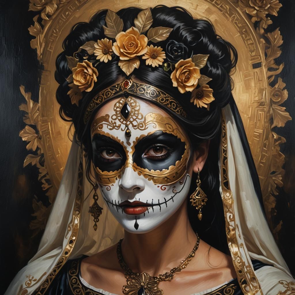 Greek Woman in Catrina Costume, Art Deco Portrait