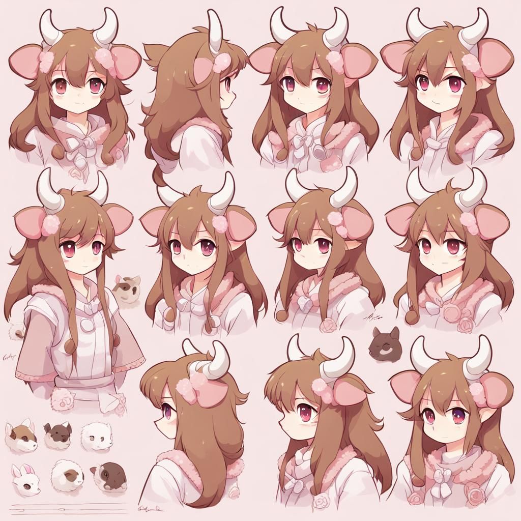 Pastel Anime Cow Girl Character Sheet