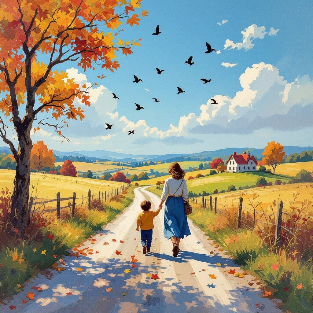 Mother and Child on Country Road in Gouache Style