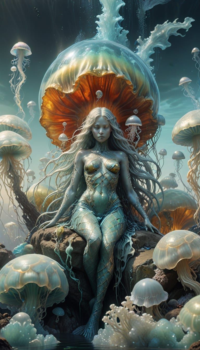 Surreal Mermaid Shines on Rocky Ocean Floor in Iridescent Be...