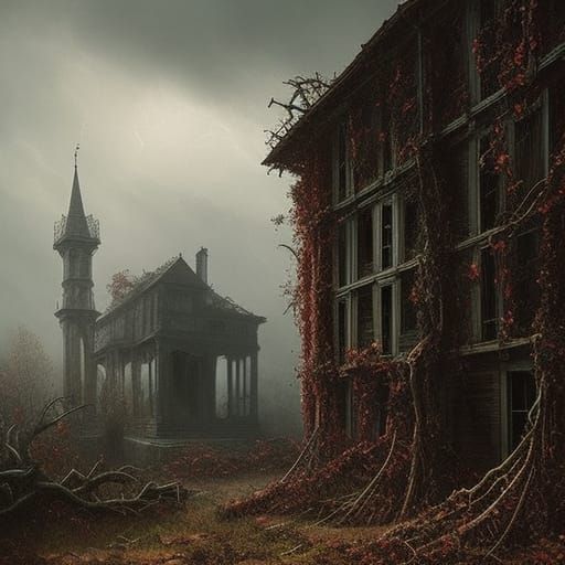 Creepy Vine-Covered House in Sinister Horror Style