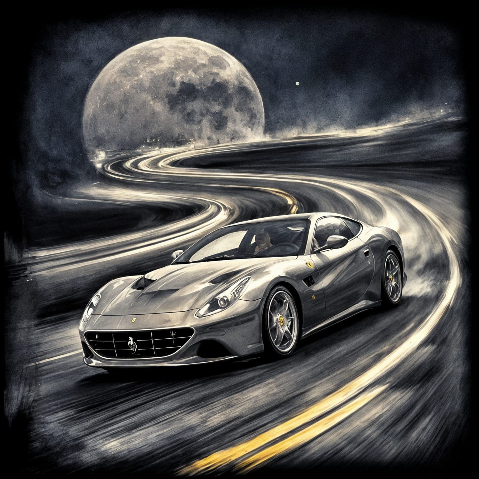 Ferrari Races Under Moonlight in Dreamy Surrealist Style