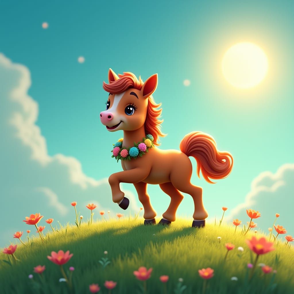 Brown Pony Dances on Grassy Hill in Fantasy Art